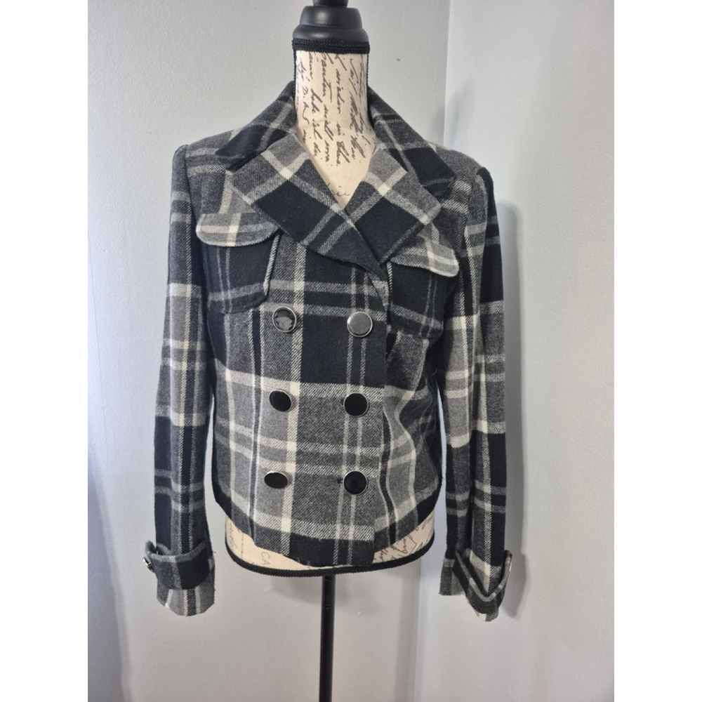 Women's Worthington Black Grey Plaid Pea Coat Size M